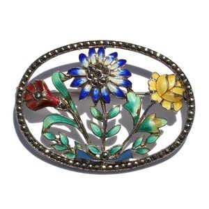 Art Deco Floral Brooch Marcasite Sterling Silver